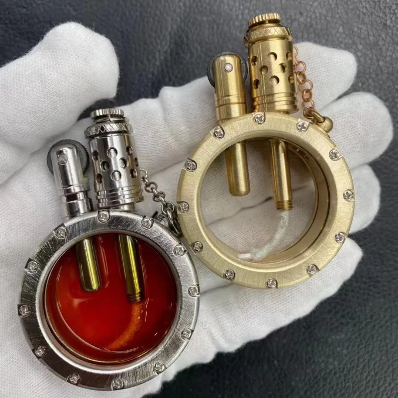 

Handmade Pure Copper Gasoline Lighter Round Kerosene Oil Inflated Lighters withTransparent Oil Tank Creative Men Collection Gift