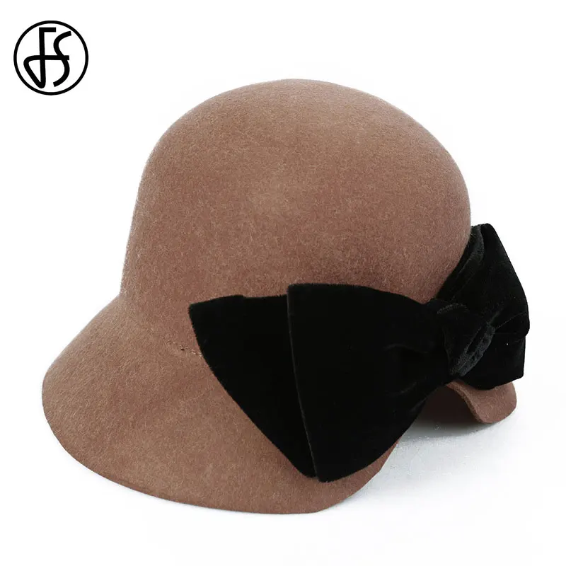 Deep Camel Fedora FS Женская фетровая одежда, черная шапка для женщин, осенняя Зимняя шерстяная шапка фетровая шляпа с широкими полями, винтажная французская шляпа Sombrero, элегантные шапки - Цвет: Deep Camel Fedora