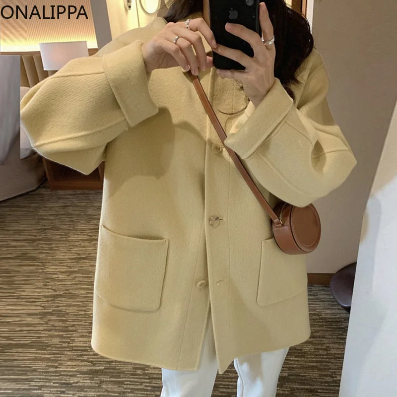 

Женское шерстяное пальто Onalippa на осень и зиму, нежно-Кремово-желтое однобортное свободное повседневное пальто средней длины с лацканами и д...