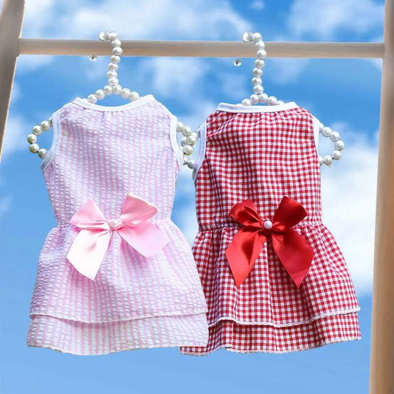 

Cute Dog Dress Sweet Bowknot Princess Skirt Pet Plaid Dresses For Girl Dogs Cats Pet Supplies Clothes