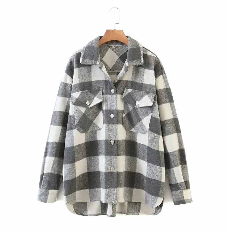 

Autumn women causal plaid long woolen long loose jacket coat Nice elegant lady turn-down collar shirt jacket girls chic outwear