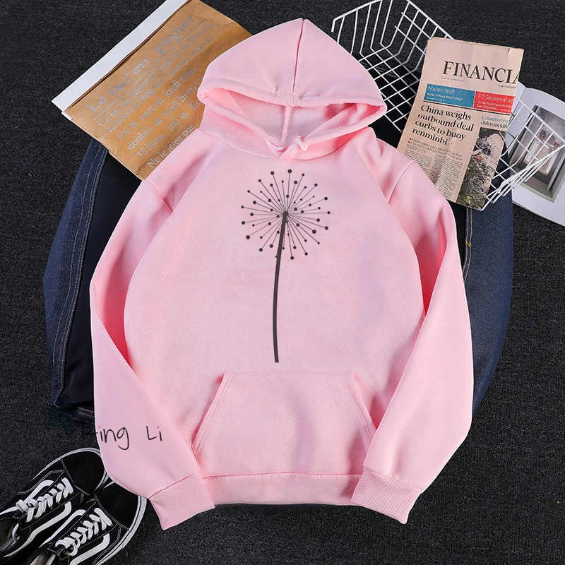 

Hot Sale Winter Down Wildflower Dandelion Print Vogue Women Sweatshirt Simple Casual Hoodie Gift For Lady Yong Girl Tops
