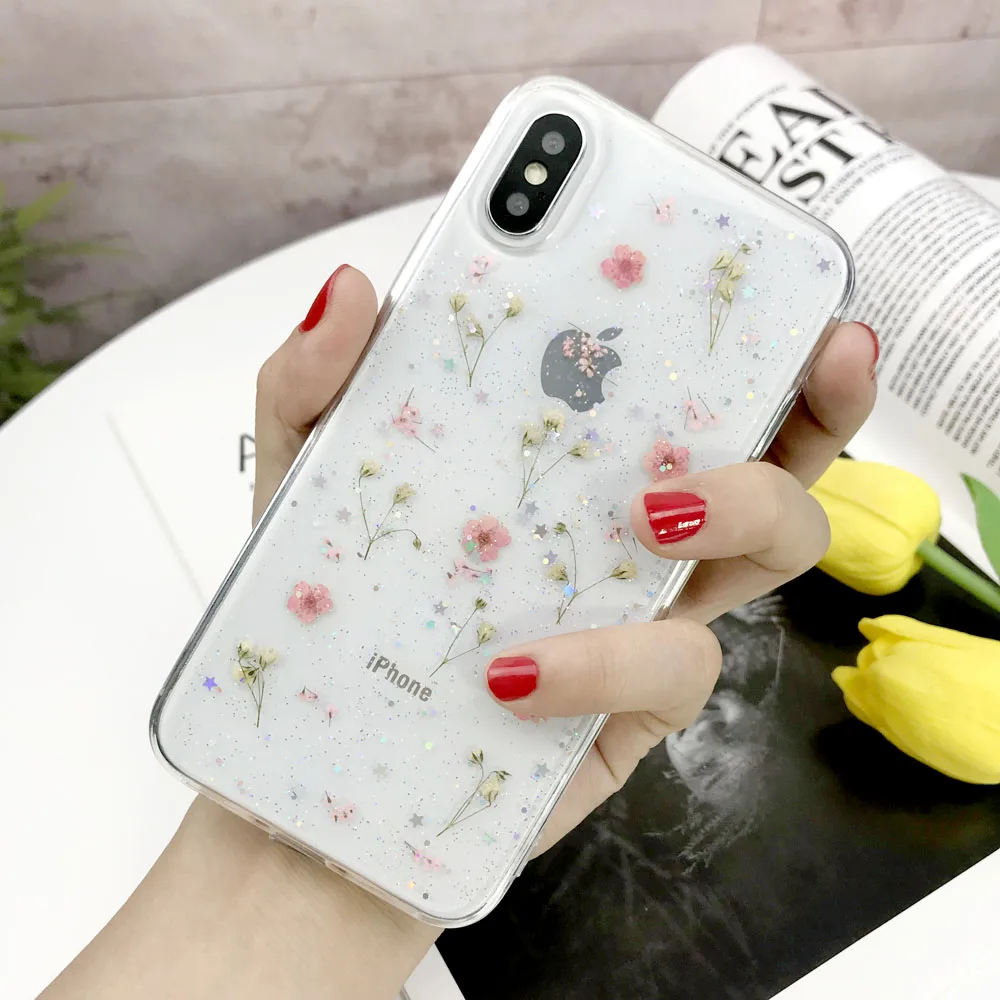 Настоящие сухие цветы чехол для iphone 7 8 Plus X чехол для iphone 11 Pro XR X XS Max 8 7 6S 6 Plus чехол силиконовый чехол для телефона s - Цвет: Pink