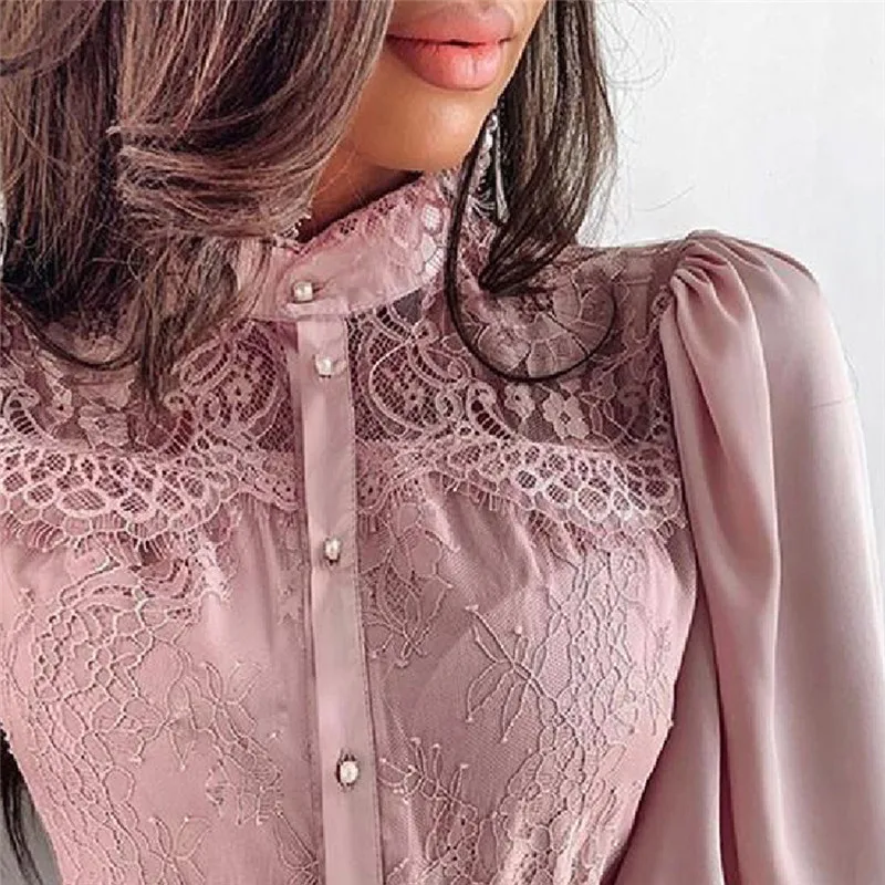 

Women Lace Floral Patchwork Button Down Shirt Blouses Tops OL Long Flare Sleeve V-neck Sheer Chiffon Work Shirt Blouses 2019 Top