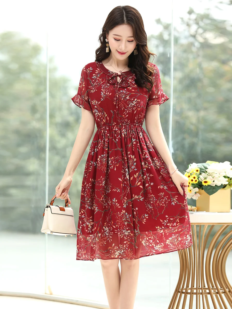 

Vintage Summer Dress Women Clothes 2019 Boho 100% Real Silk Mid Vestidos Elegant Ladies Floral Green Dress Mujer 19ZS162