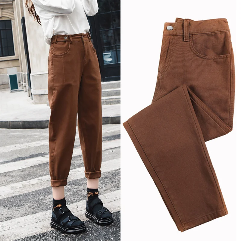 Женские коричневые джинсы с высокой талией размера плюс обтягивающие