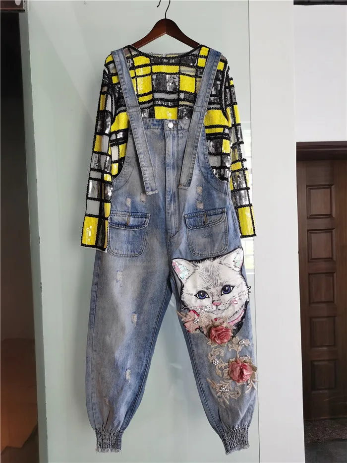 Женские джинсовые комбинезоны с принтом мультяшного кота новые свободные брюки