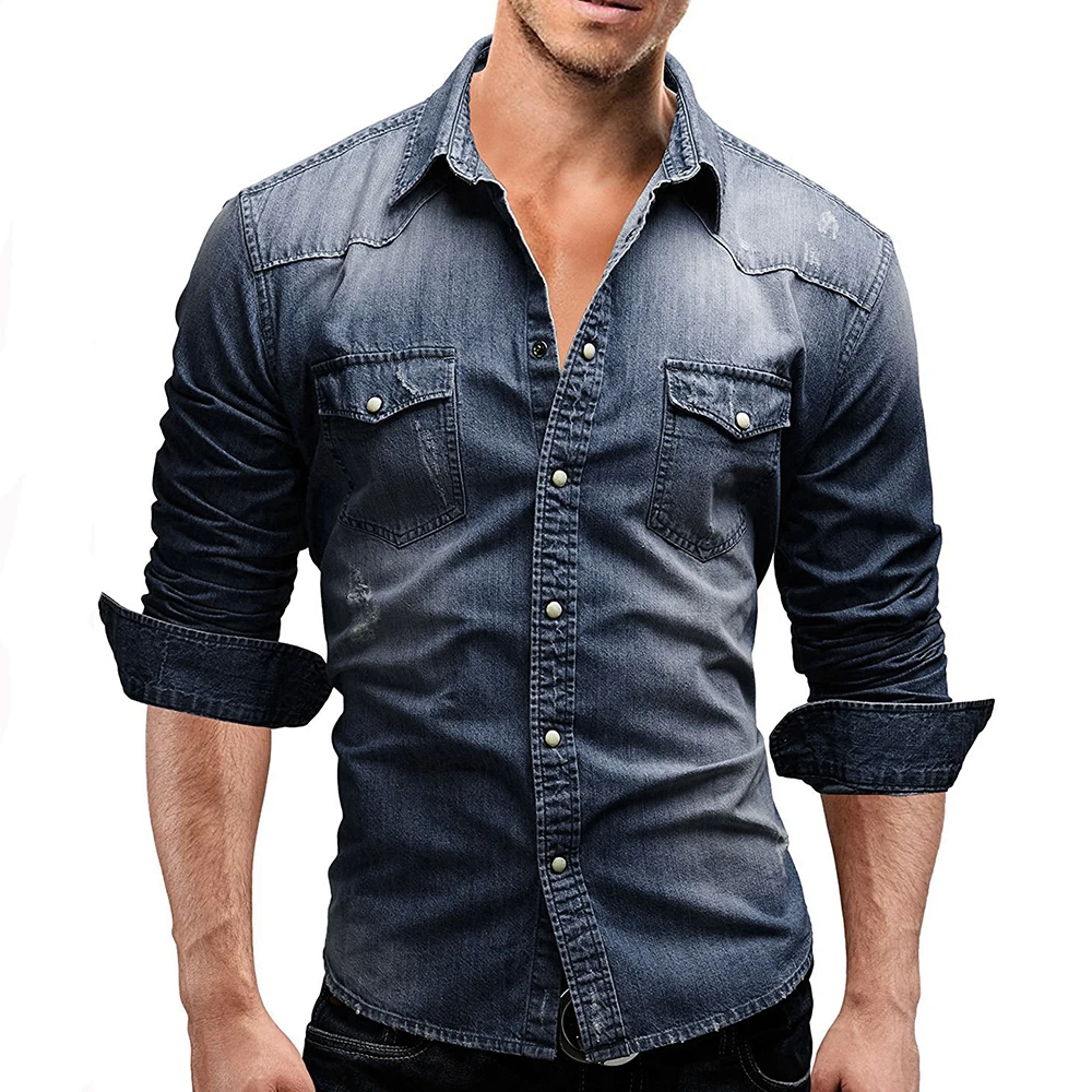 

2020 Autumn Men Denim Shirt Mens Long Sleeve Soft Cotton Slim Jeans Shirts Male Cowboy Shirt XXXL