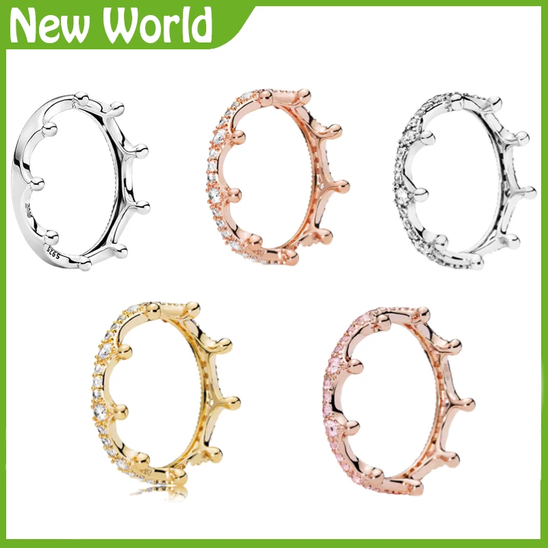 

New 925 Sterling Silver Ring Classics Openwork Linked Love Heart Princess Tiara Royal Crown Ring For Women Gift Pando Jewelry