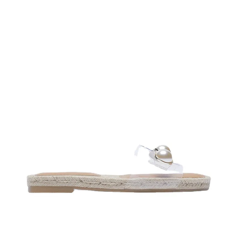 

2021 New Pearl Slippers For Women Designer Shoes Transparent PVC Hemp Rope Outside Slipper Twine Bottom Flat sandals