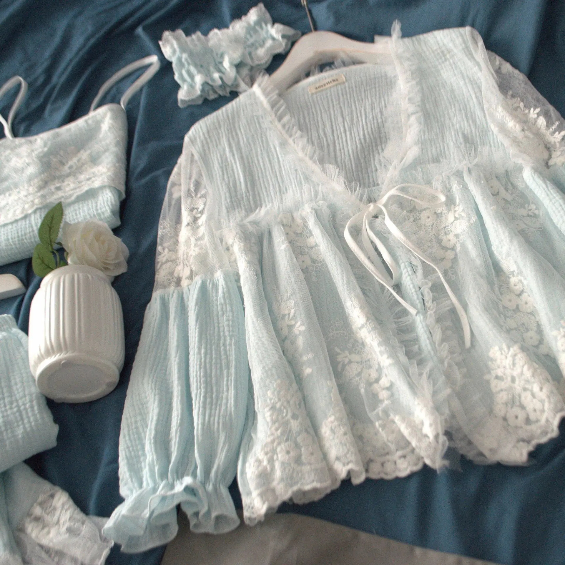 Осенняя 2019 Хлопковая пижама милые кружевные двухгазовые женские пижамные