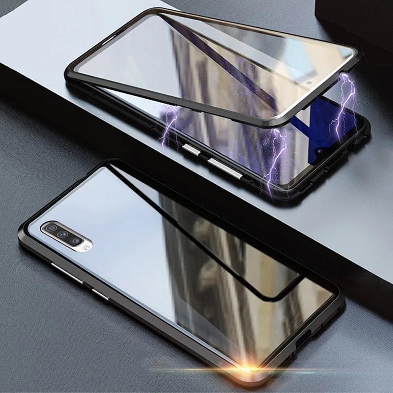 Черный Магнитный чехол для samsung Galaxy A40 A70, чехол, противоударный бампер, двухсторонний, закаленное стекло, металлический чехол для samsung A 40 70, чехол - Цвет: Черный