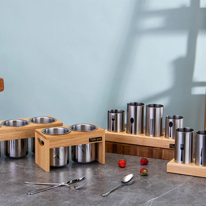 

Держатель для столовых приборов с 4 чашками, корзина из нержавеющей стали для столовых приборов с деревянной основой, подставка для вилки, н...