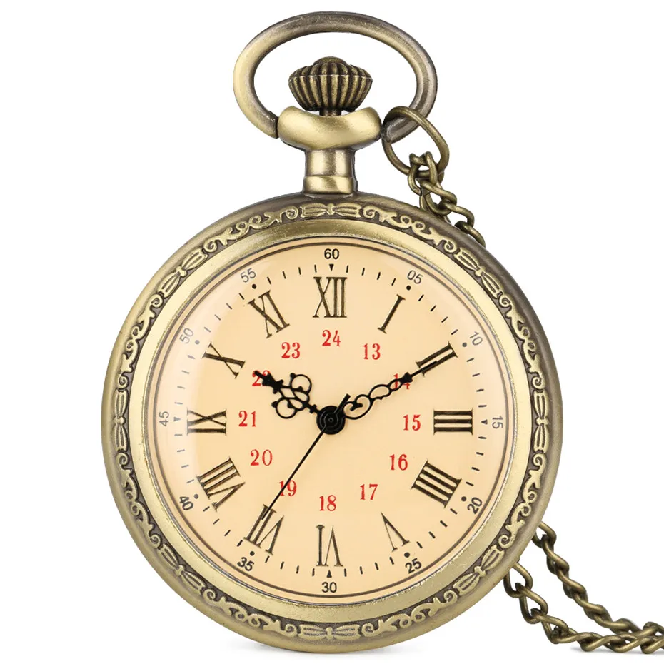 Vintage Charm Quartz Pocket Watch Roman Numerals Display Necklace Clock Fob Bronze Sweater Chain Open Face Pocket Clock Unisex