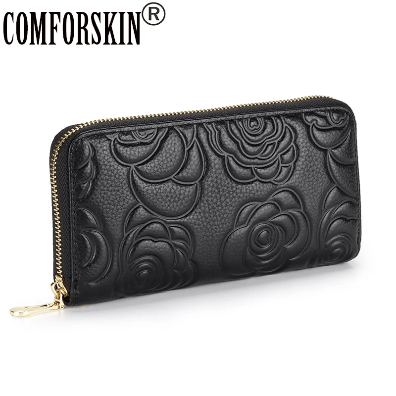 

Длинный кошелек COMFORSKIN из воловьей кожи женский, бумажник на молнии с ремешком для рук, Прямая поставка