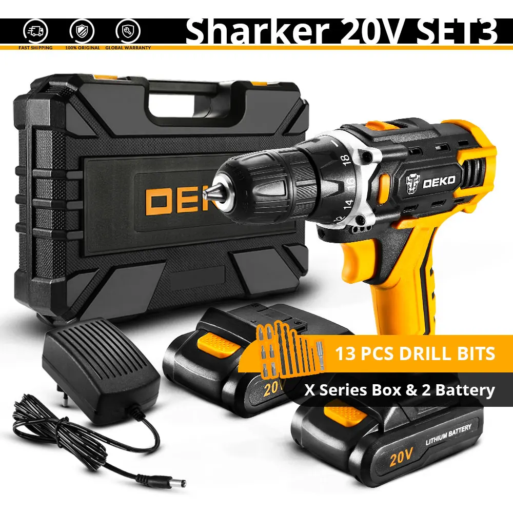 Sharker 20V SET3 DEKO, новинка, шуруповерт, 20 в, Аккумуляторная дрель, Электрическая отвертка, Мини, беспроводной драйвер питания, DC, литий-ионный аккумулятор, 3/8 дюйма, 2 скорости - Цвет: Sharker 20V SET3