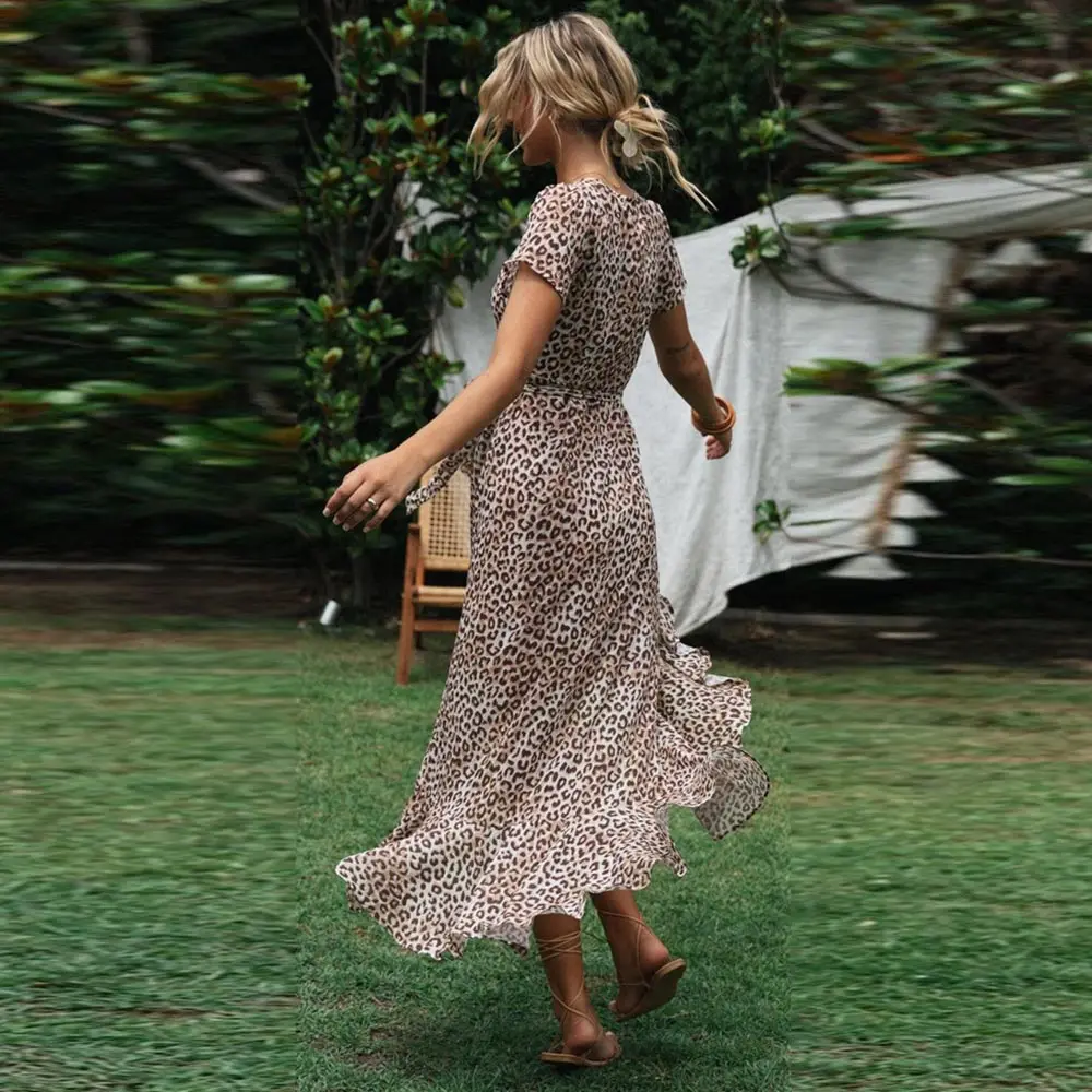 

WildPinky 2020 Women Summer Leopard Dress Long Wrap Beach Dress Sexy V-neck Short Sleeve Elegant Party Dress Sundress Vestidos