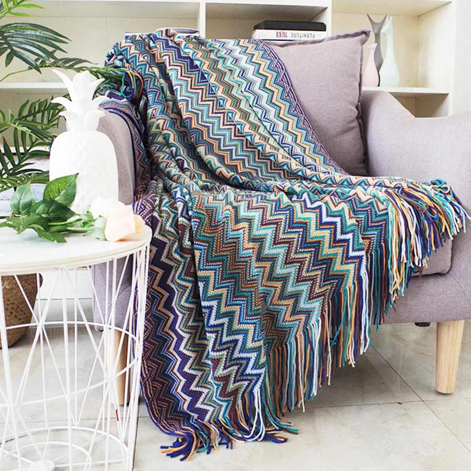 

Bohemian Throw Blanket Sofa Cover Geometric Knitted Slipcover for Couch Multifunctional Boho Decorative Blanket Cobertor Home