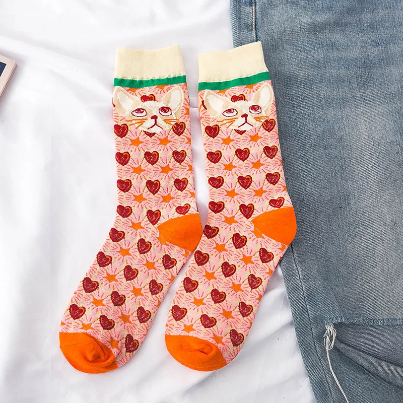 

6Pairs/Lot Novelty Creativity Ladies Women Socks Cartoon cat Ladies loving heart pumpkin Plaid striped Casual Crazy Cotton Socks