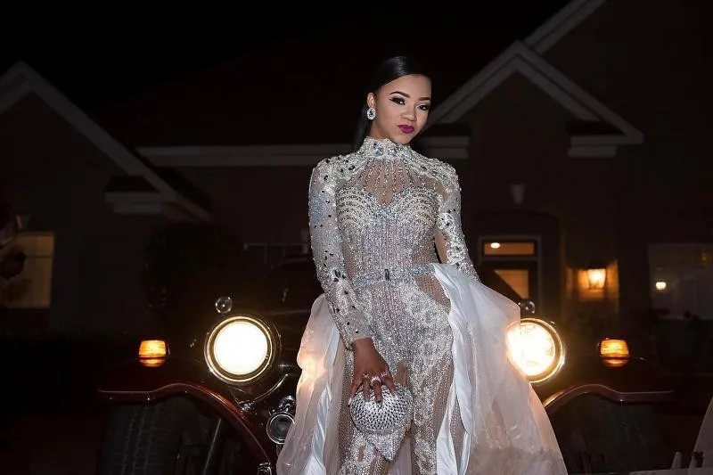 Sparkly See Through Jumpsuits Prom Dresses with Detachable Skirt High Neck Long Sleeve Crystal Sequins Bling Sexy Party Gowns