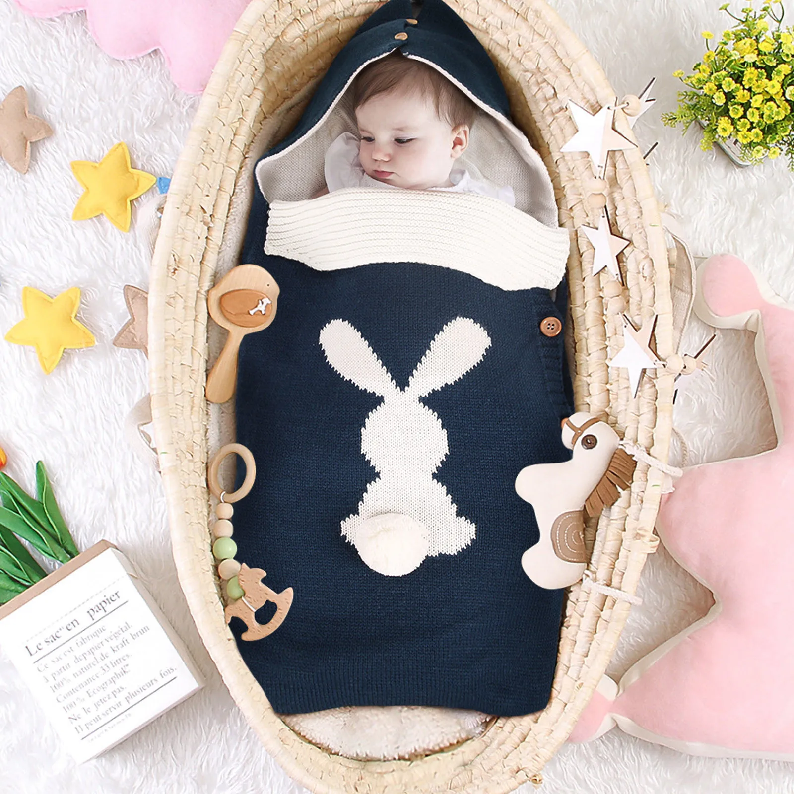 

Детский вязаный спальный мешок на пуговицах с капюшоном, спальный мешок для прогулочной коляски, одеяло для новорожденных, одежда для мален...