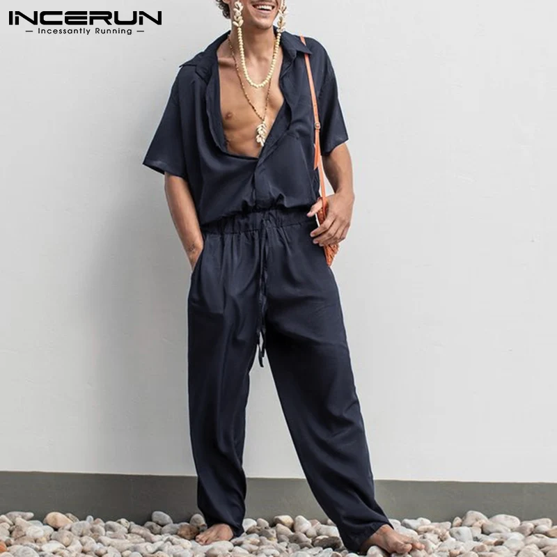 

2022 Men Cargo Overalls Lapel Solid Short Sleeve Pockets Lace Up Casual Jumpsuits Streetwear Loose Fashion Men Rompers INCERUN