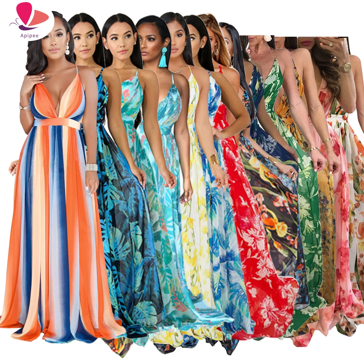 

Женские летние сексуальные макси платья в стиле бохо вечерние праздничное платье с принтом, длинное платье с глубоким V-образным вырезом и о...