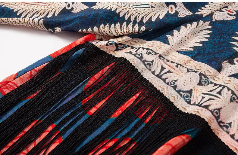 

2021 Summer High Quality Print Silk Dresses Vintage Mother's Plus Size knee length Dress Women Tassel Bodycon Party Vestido L17