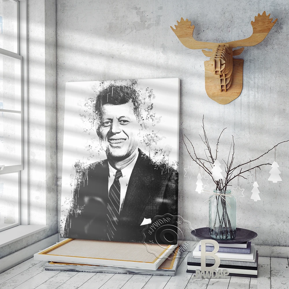 

John F Kennedy Black White Poster, United States President Handsome Portrait Art Prints, Watercolour Minimalism Home Wall Decor