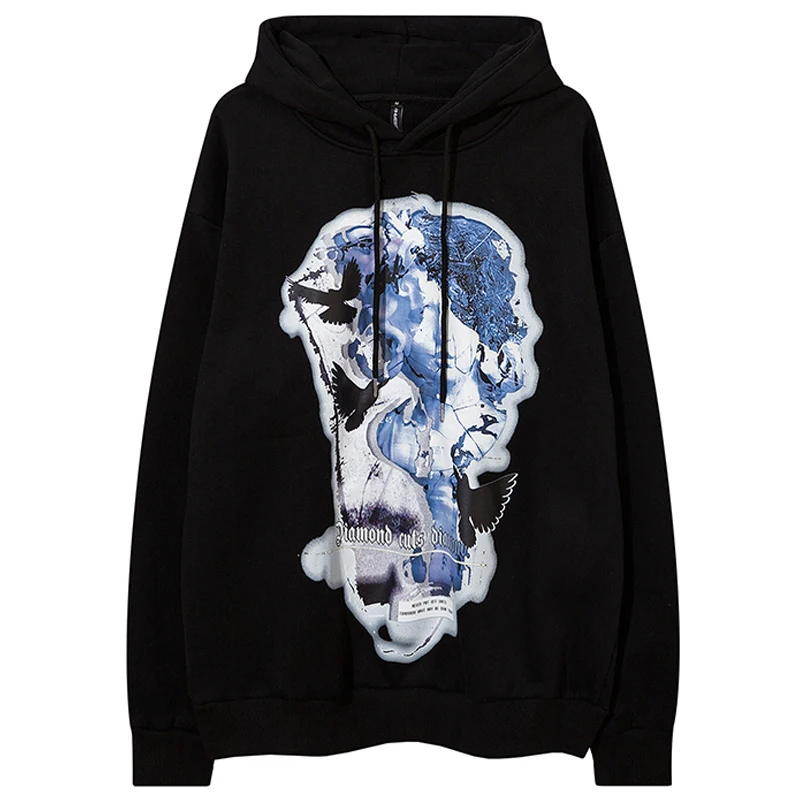 

Mens Harajuku Sculpture Printed Hoodie Sweatshirt Unisex Retro Loose 100%Cotton Long Sleeve Pullover Black White Vintage Tops