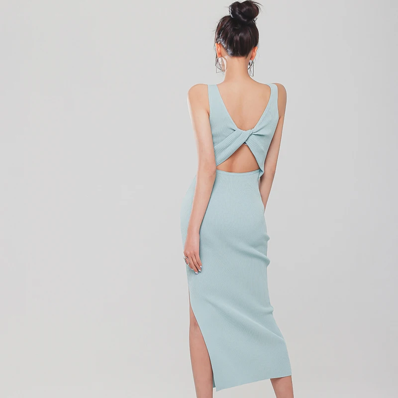 

COIGARSAM Sexy Knitting Women Long dress New Summer Sleeveless Backless O-Neck Dresses 8698