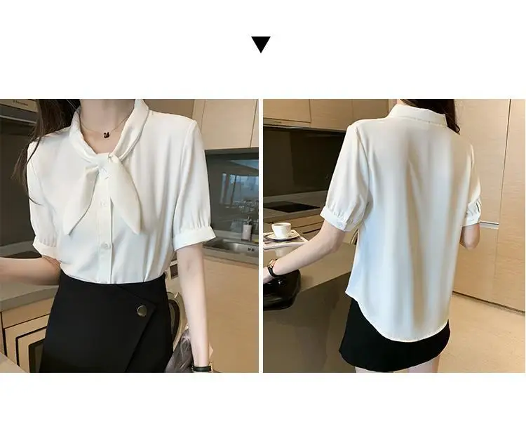 

2021 New Summer Women's Chiffon Blouse Fashion Bow Collar Short Sleeve OL Business Shirt Temperament Button Blouse Female