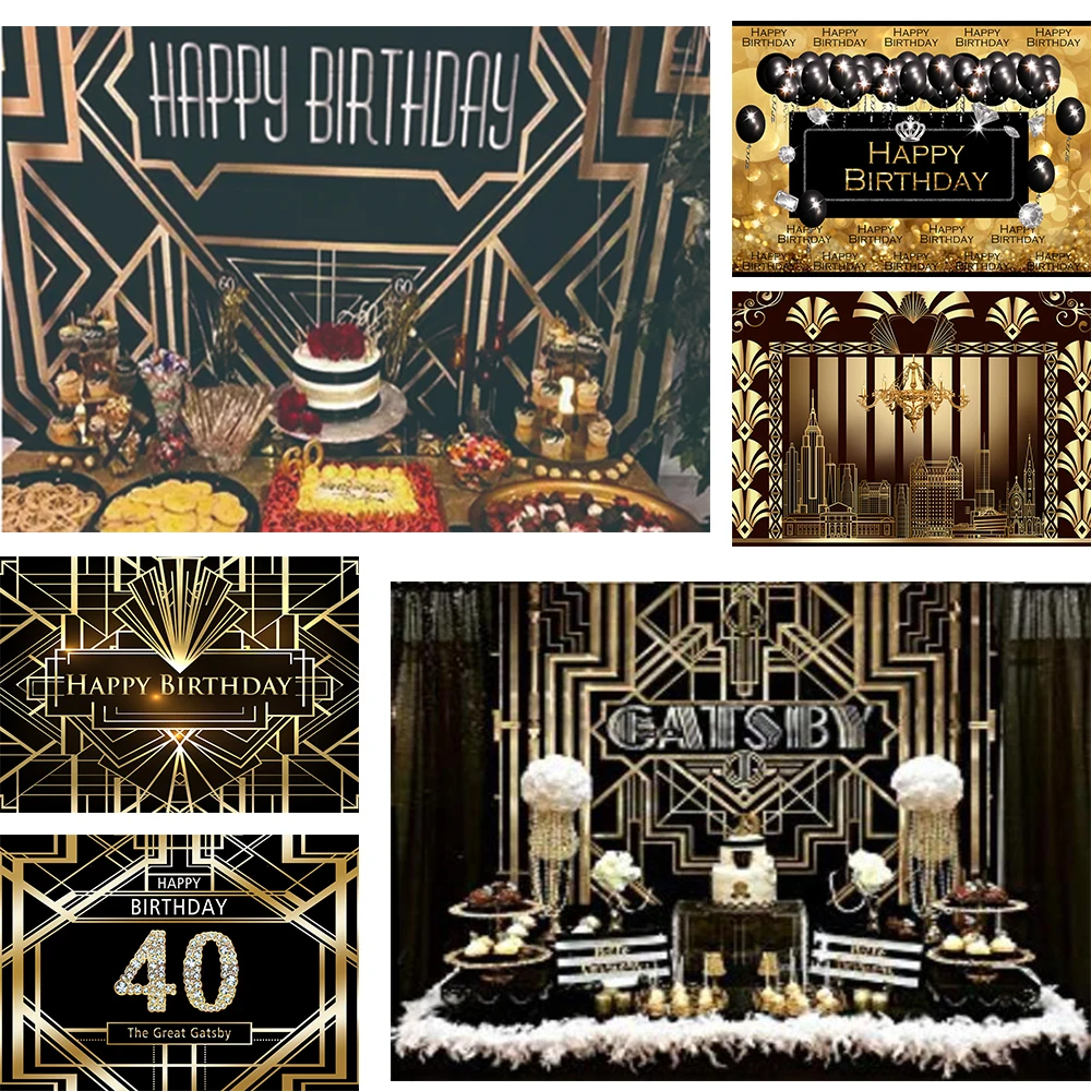 

Birthday Party Backdrop Adult Cockta Party Photography Backdrop Retro Happy Birthday Party Black Gold Ault Photography Backdrops
