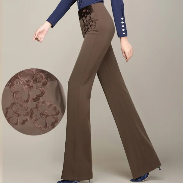 Брендовые весенние женские брюки для дам элегантные широкие с вышивкой прямые