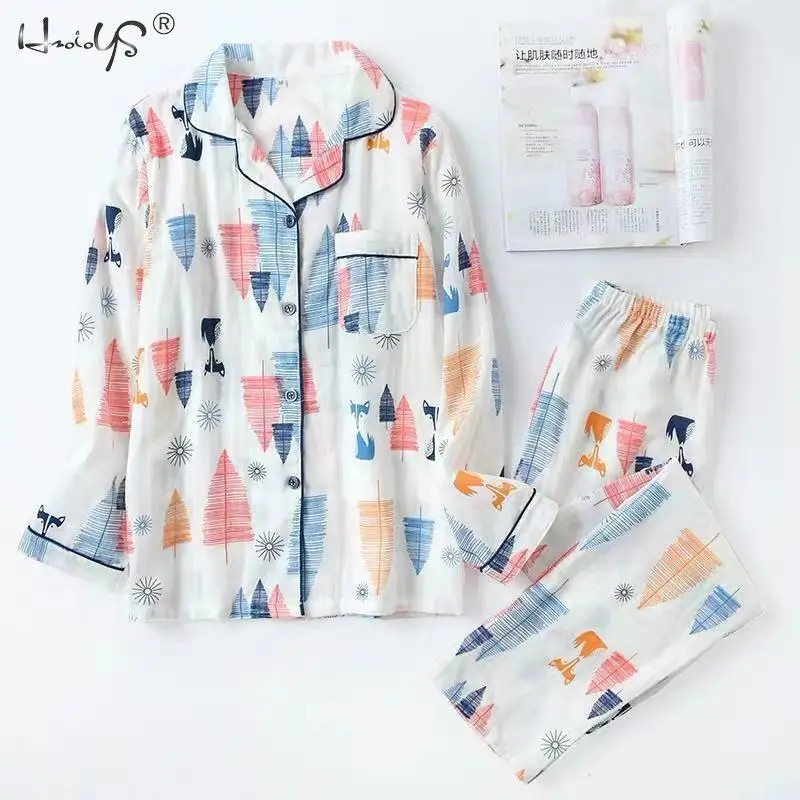 

Осенняя Женская пижама с длинным рукавом, комплект из 100% марлевой хлопковой ткани, одежда для сна с принтом, Женская Повседневная Пижама, домашняя одежда, ночное белье