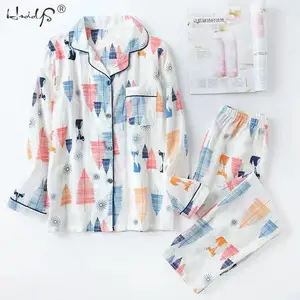 Осенняя Женская пижама с длинным рукавом, комплект из 100% марлевой хлопковой ткани, одежда для сна с принтом, Женская Повседневная Пижама, домашняя одежда, ночное белье