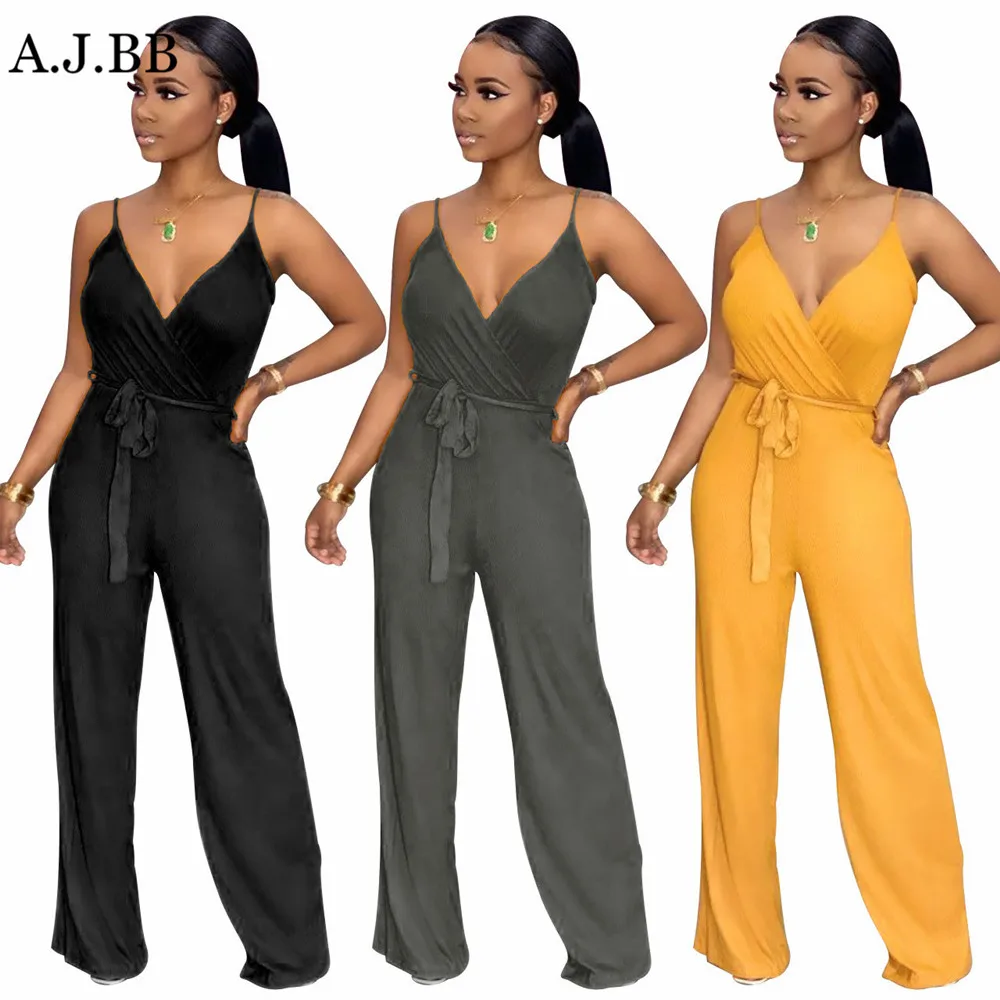 

New summer slim solid color bodysuit fashionable slim deep V-neck sleeveless women's suspender pants