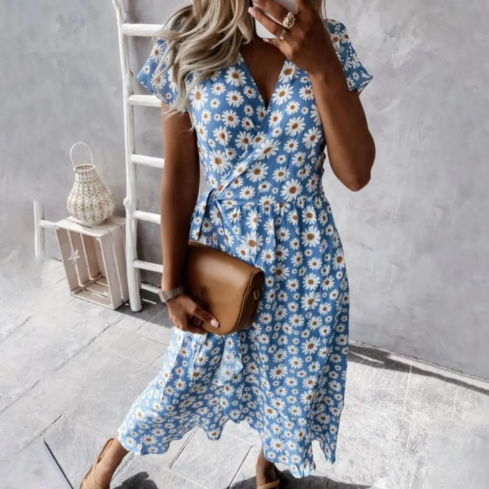 

Женское длинное платье с запахом, летнее Ретро Вечерние Платье с принтом ромашек, повседневное Длинное свободное Пляжное Платье макси с кор...