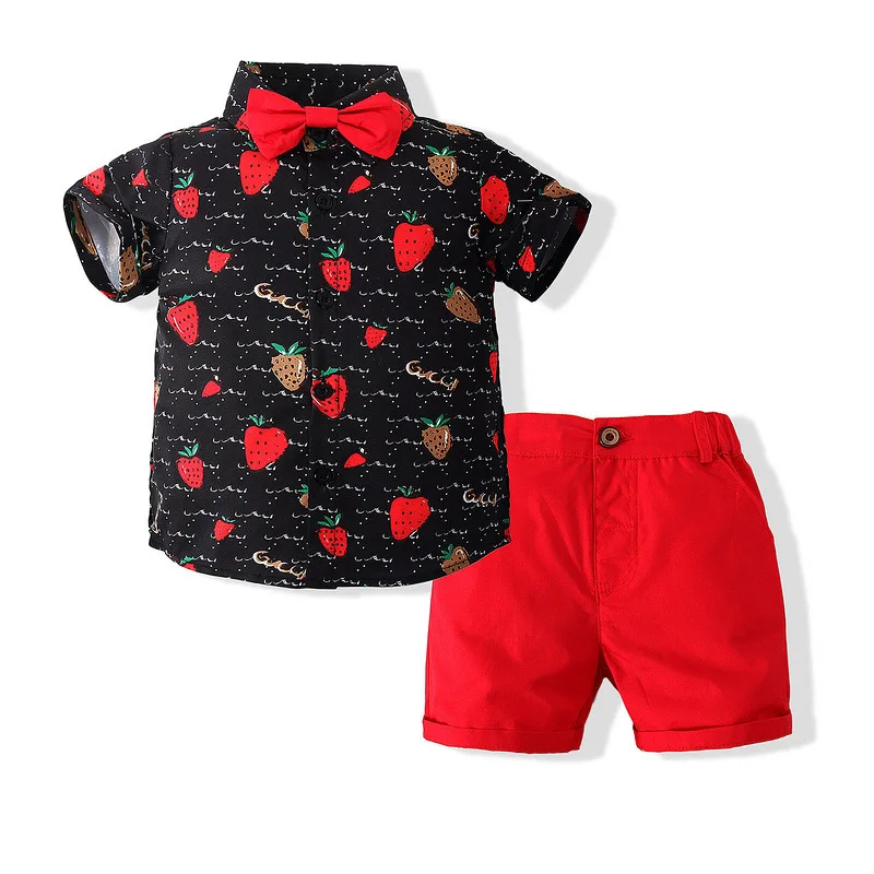 

2021 Summer Children's Wear Boys Gentleman Bow Tie Set Strawberry Shirt Red Shorts Two Piece Set