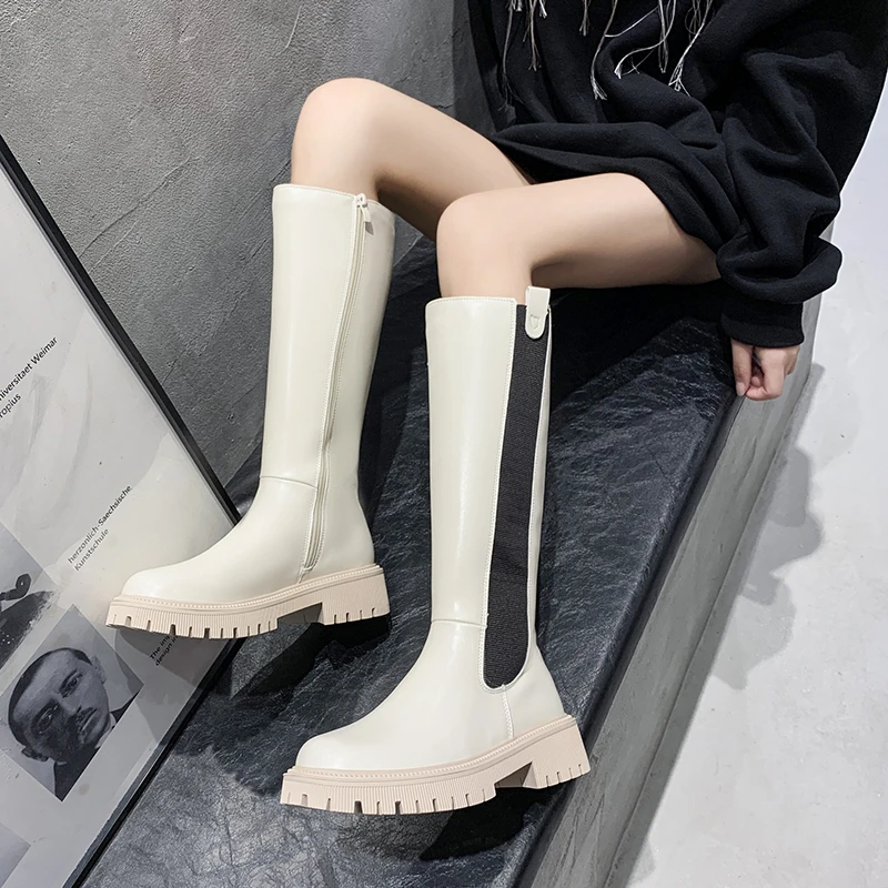 

2021 Autumn and Winter New Women's High Boots Round Toe Lace-up Women's Knee-length Knight Boots Square Heel Boots Casual Shoes