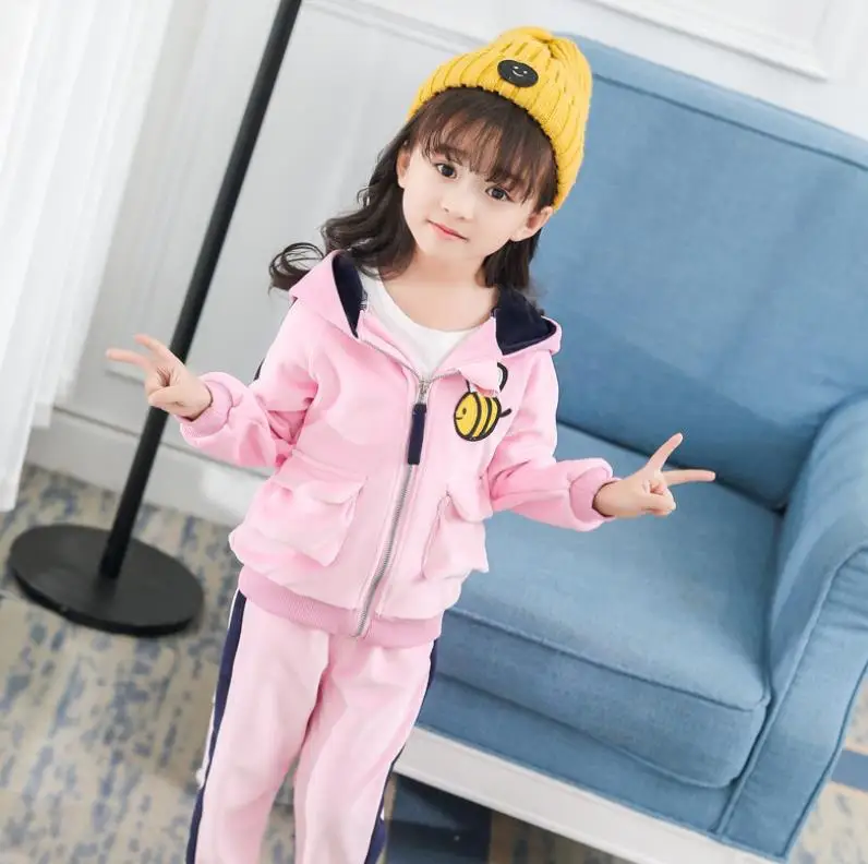 Baby Boys Girls Warm Set Winter Cartoon cat Kids Thickening Hooded Vest+Sweater+Pant Three-piece Sport Suits Children Clothing