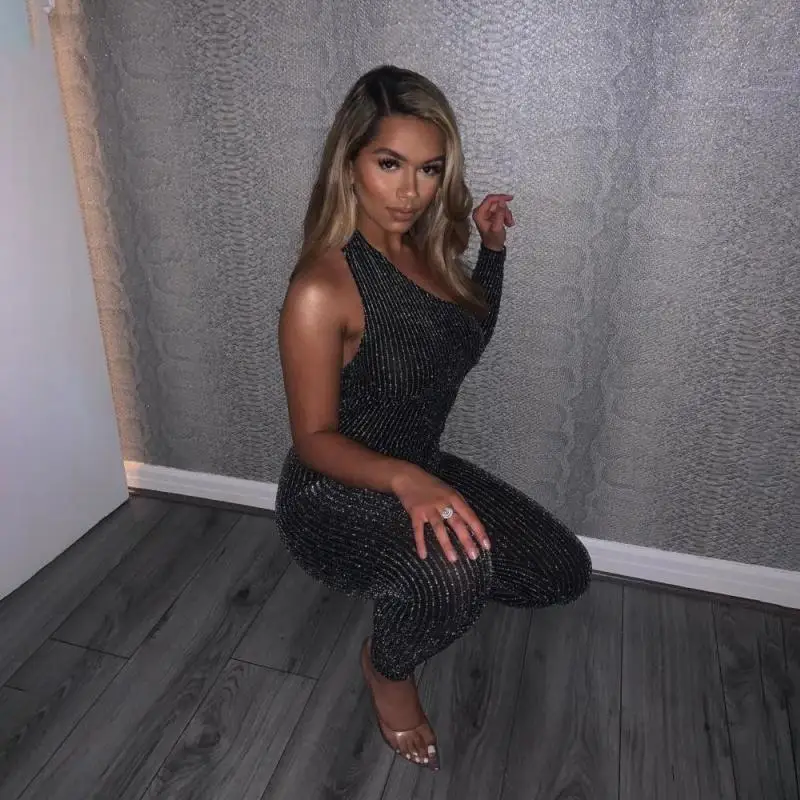 

Fashion One-Shoulder Long Sleeve Jumpsuit Women Backelss Slim Fit Clubwear Jumpsuit For Women Sexy Jumpsuit