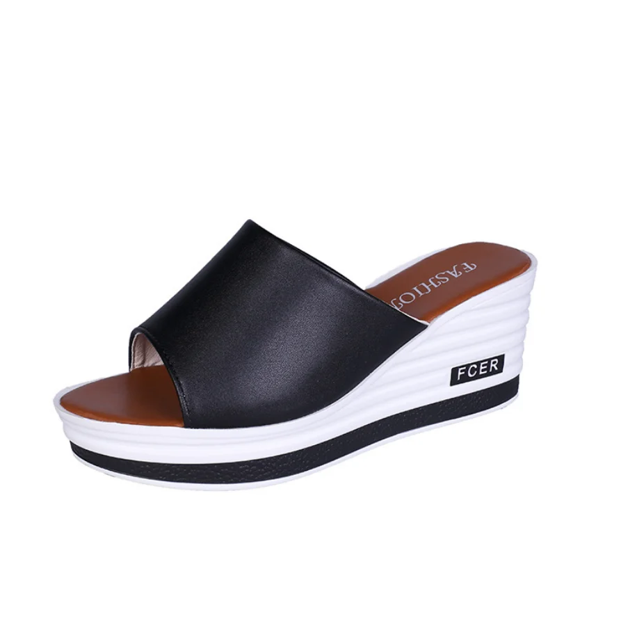 Женские шлепанцы с открытым носком толстая подошва танкетка Нескользящие