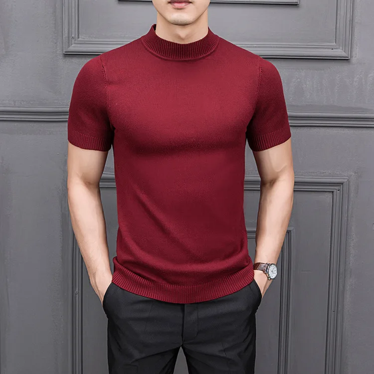 

FAKUNTN 2021 Brand New Autumn Men's Sweater Pure Color Semi-high Collar Knitting for Male Half-sleeved Sweaters Tops