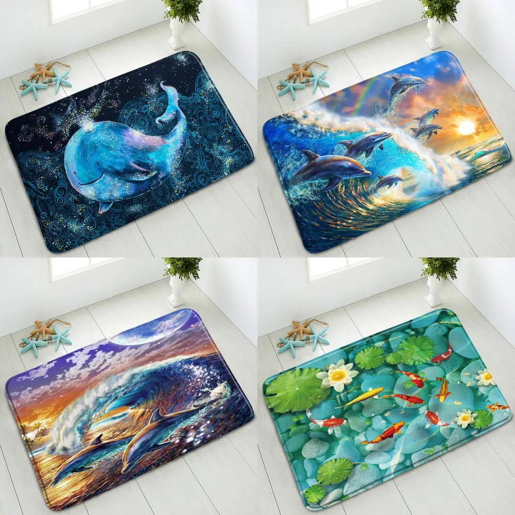 

Ocean Animals Non-Slip Bathroom Mat Dolphin Whale Koi Lotus Blue Ocean Wave Bedroom Kitchen Doormat Rug Washable Indoor Carpet