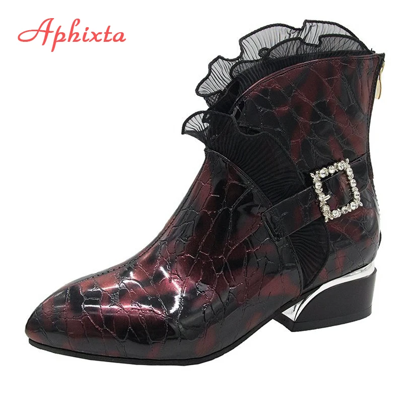 

Aphixta 2021 New Fashion Lace Crystals Buckle Ankle Boots Women Snake Print 4cm Square Heels Zip Causal Ladies Footwear Shoes
