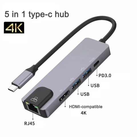 5 в 1 type-c usb hub usb-хаб RJ45 100M 4K USB2.0, совместимому с HDMI PD3.0 зарядки Подключение клавиатуры и мыши и U диск для док-станции