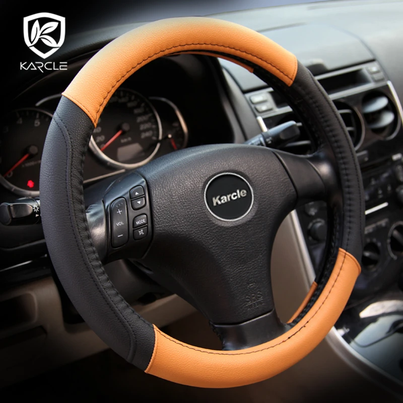 

Karcle чехол рулевого колеса автомобиля кожаный чехол 38 см Противоскользящий рулевое колесо чехлы Универсальный из искусственной кожи авто-С...