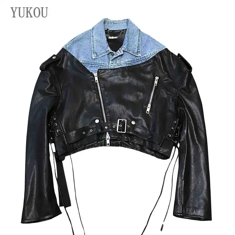 

YUKOU Coats Woman 2021 High-Quality Sheepskin Leather Jacket Stitching Denim Female Real Sheepskin LeatherJackets Best Sellers