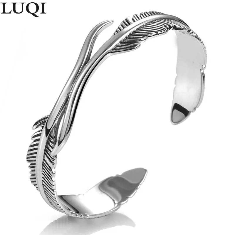 

S925 Vintage Thai Silver Double Feather Fashion Open Couple Bracelet 188
